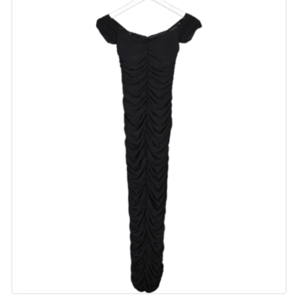 Meshki Black Off The Shoulder Ruched Mesh Maxi Dress